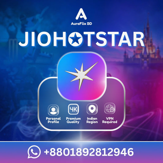 JioHotstar Premium subscription card with plan features, sold by AuraFlix BD